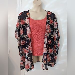 Women's Floral Print Puff Sleeve Kimono Chiffon Loose Cover Up - Size Small